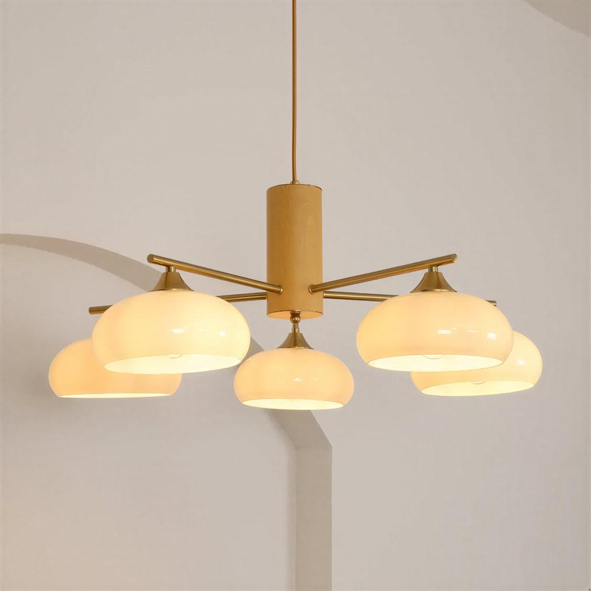 Mid Century Brass Opal Glass Dining Room Chandelier