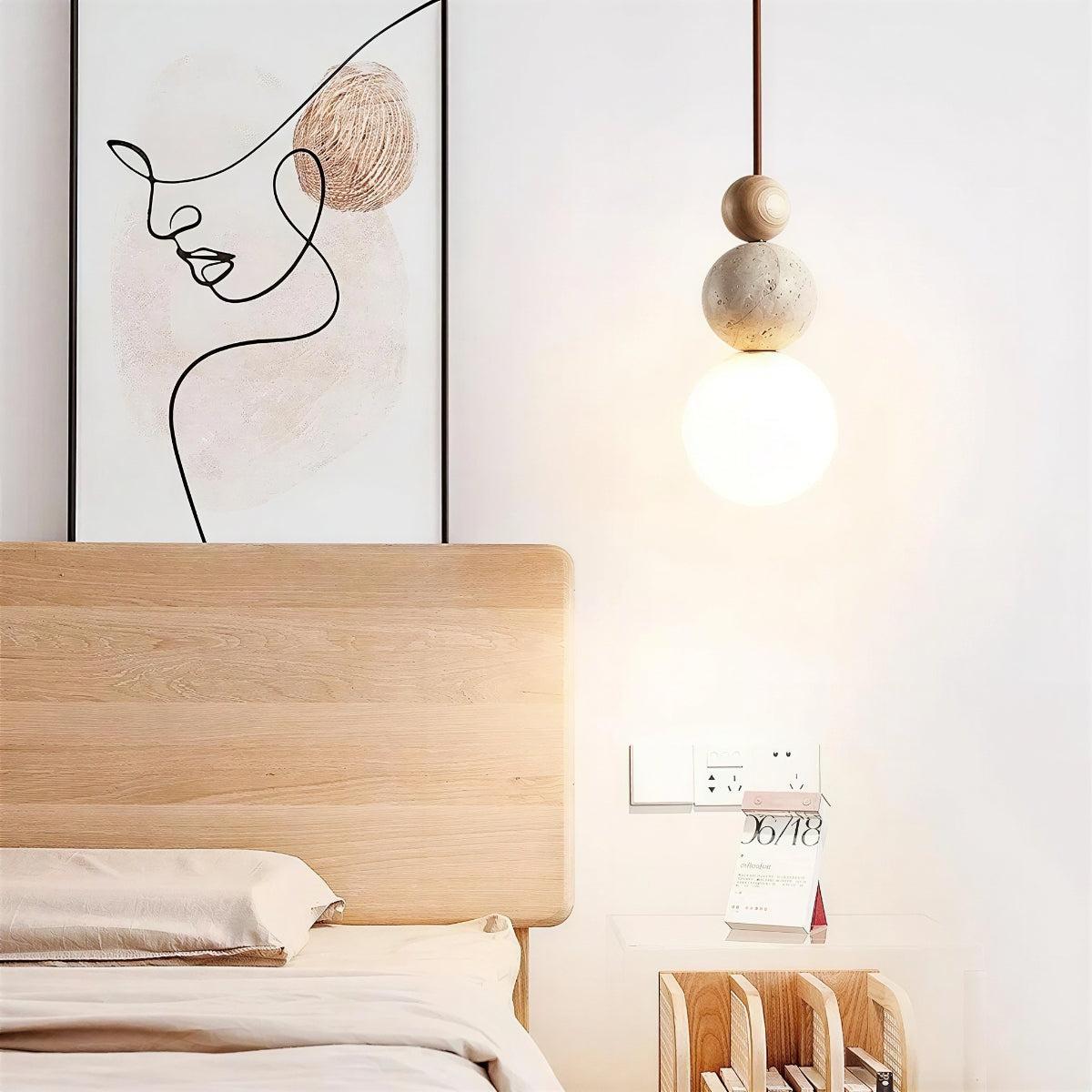 Travertine Pendant Light With Globe Shade And Stacked Spheres