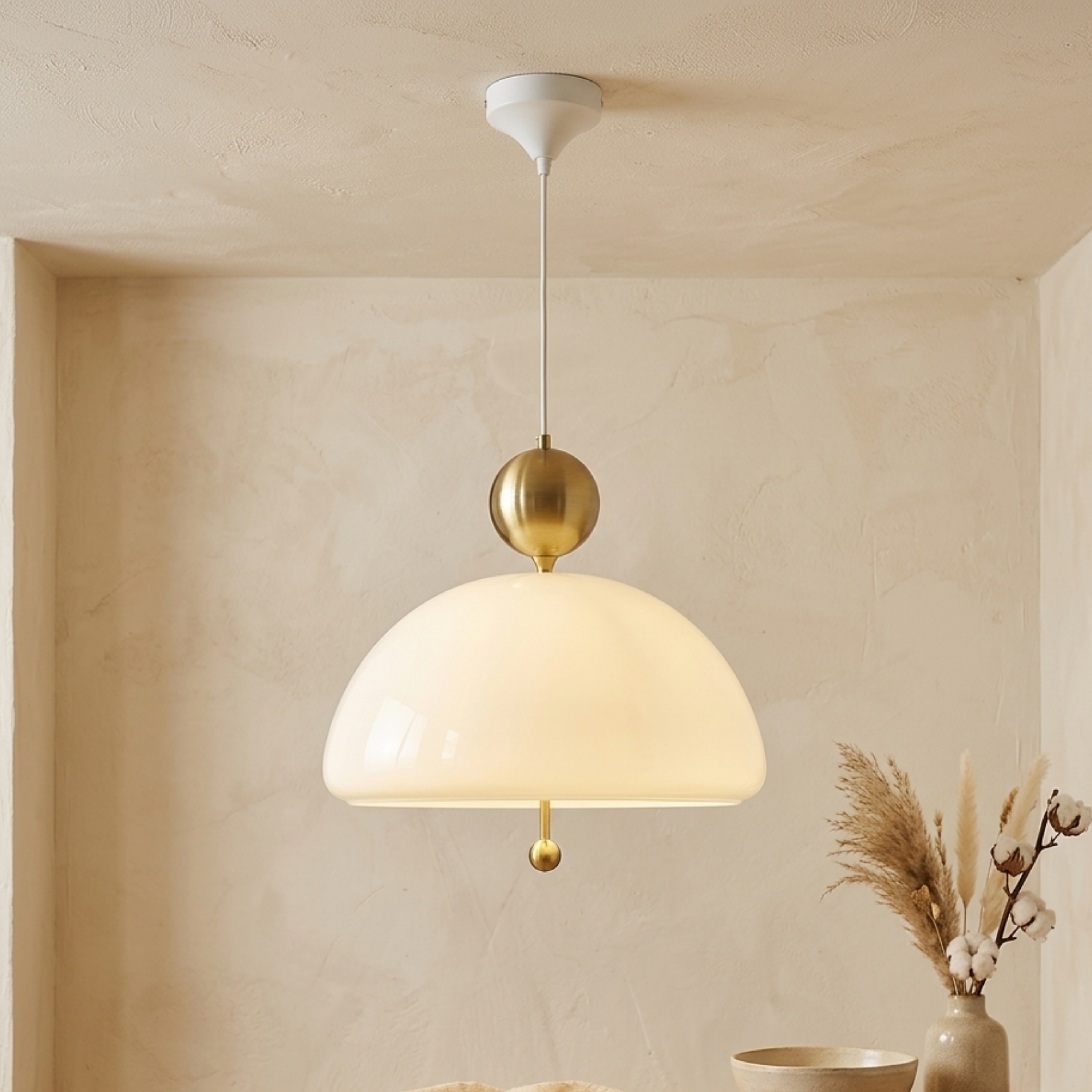 Chrome Beige Glass Dome Pendant Ceiling Light