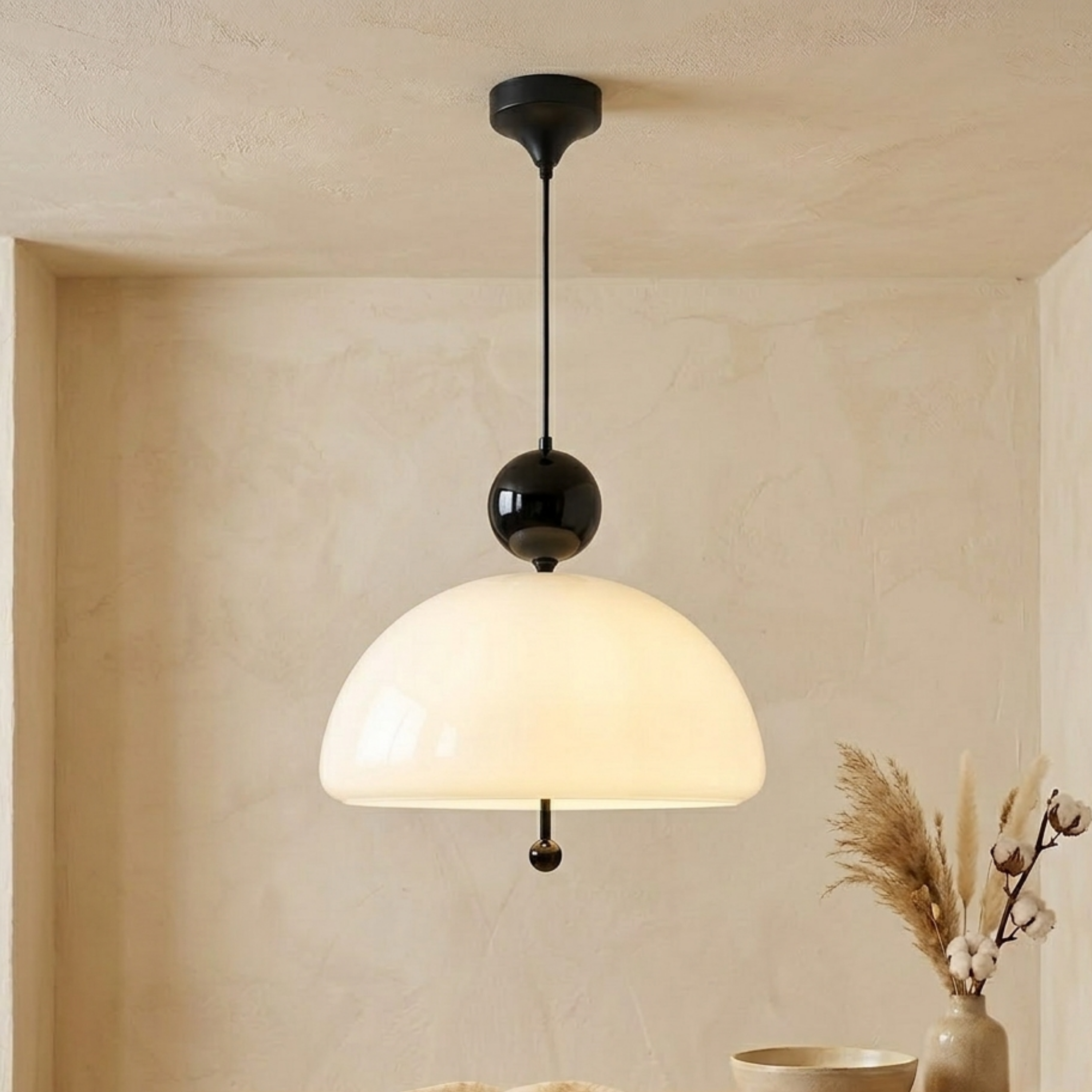 Chrome Beige Glass Dome Pendant Ceiling Light