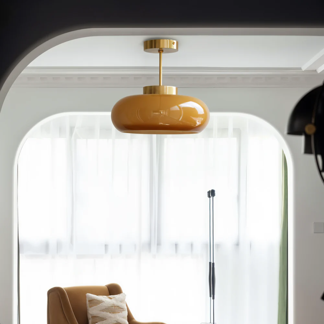 Amber Glass Vintage Oval Semi Flush Ceiling Light