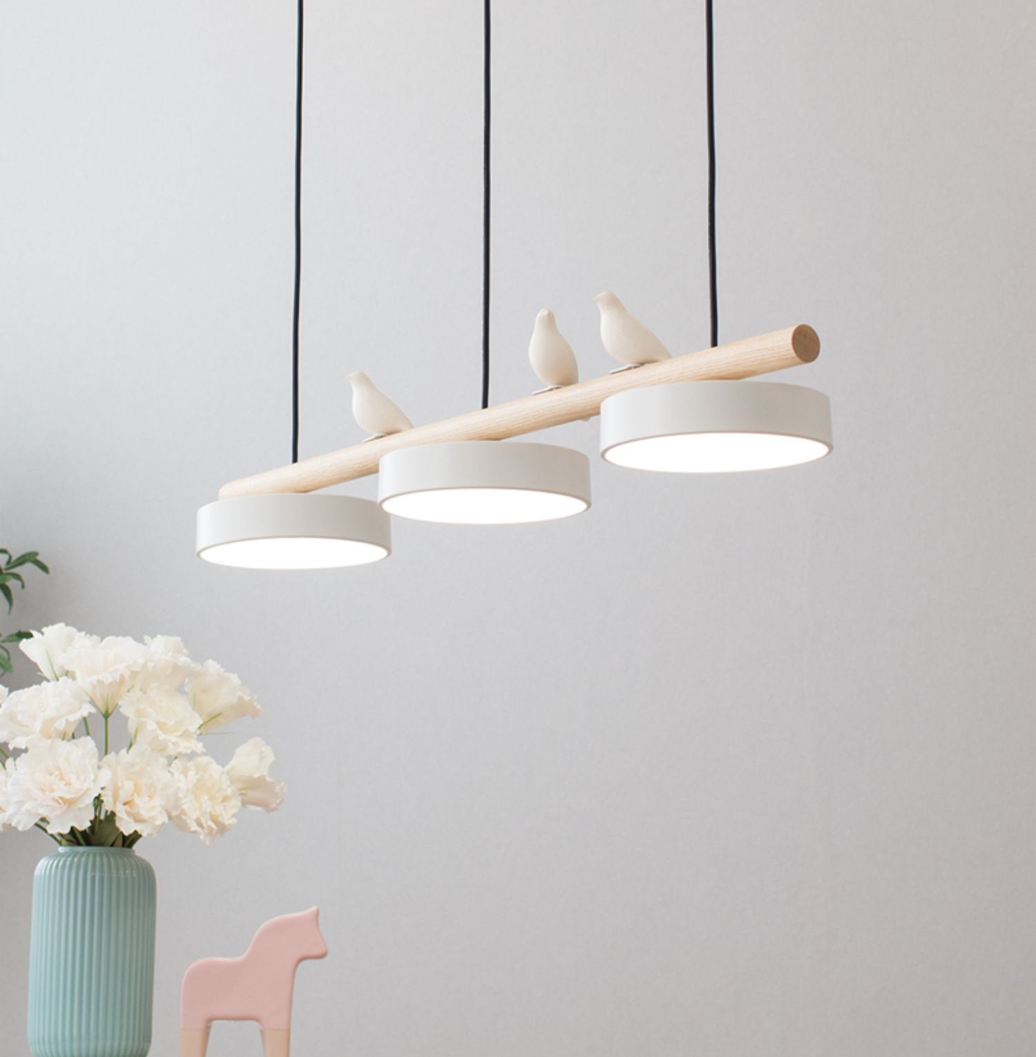 Bird Motif Wood and Metal Drum Pendant Light