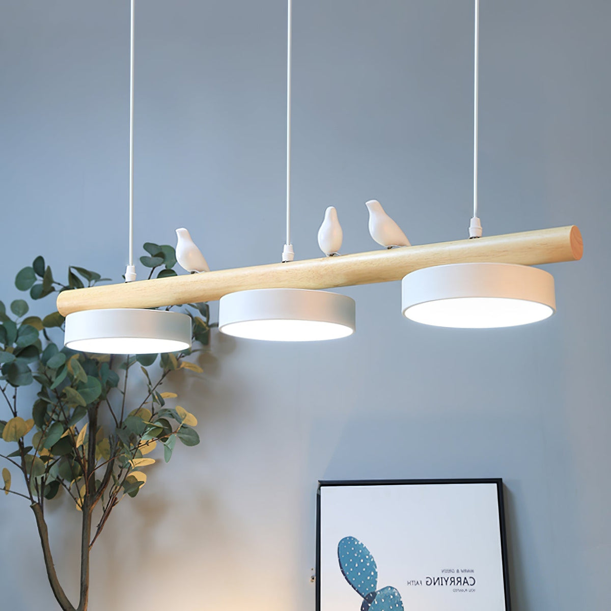 Bird Motif Wood and Metal Drum Pendant Light