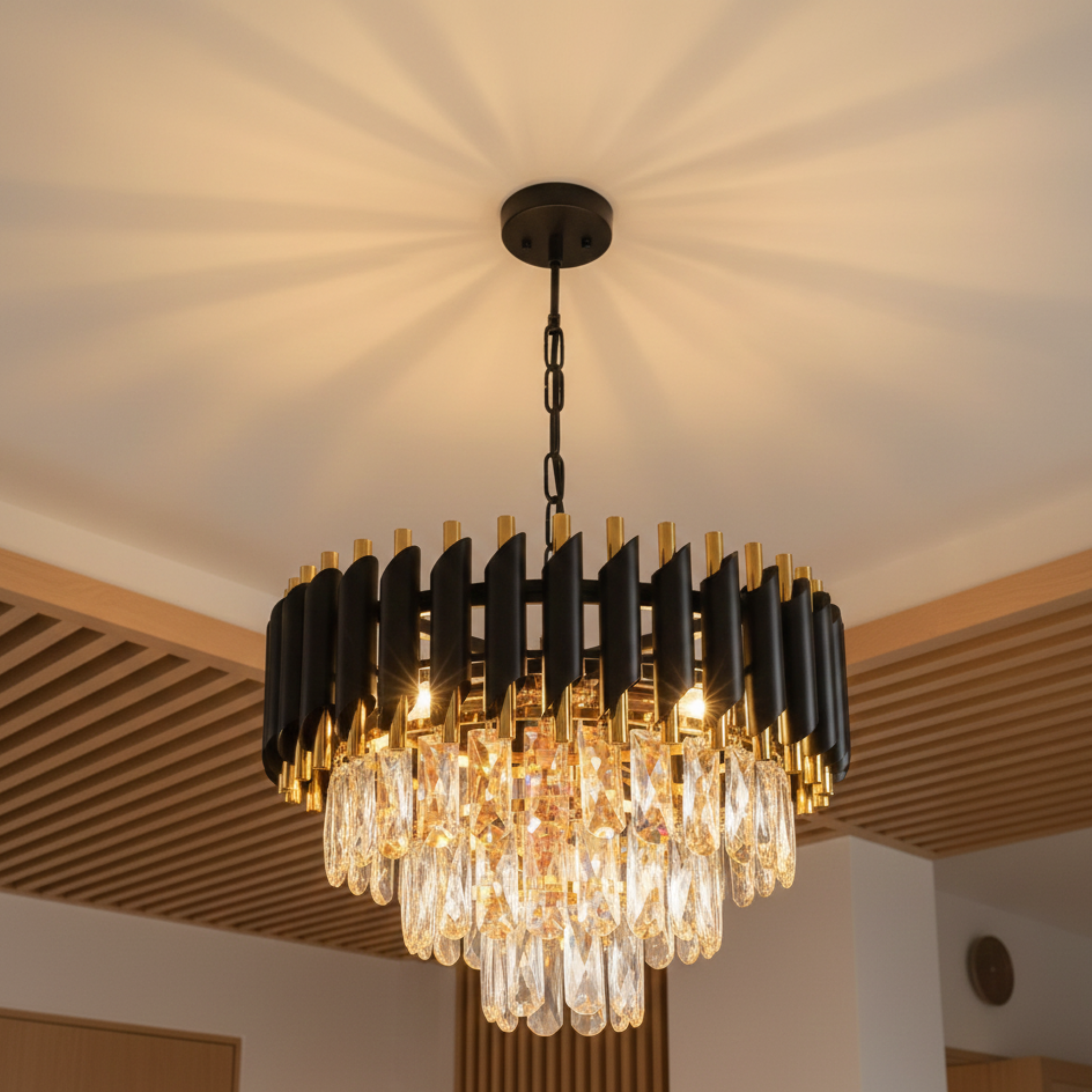 Black and Gold Three Tier Crystal Chandelier Ceiling Light