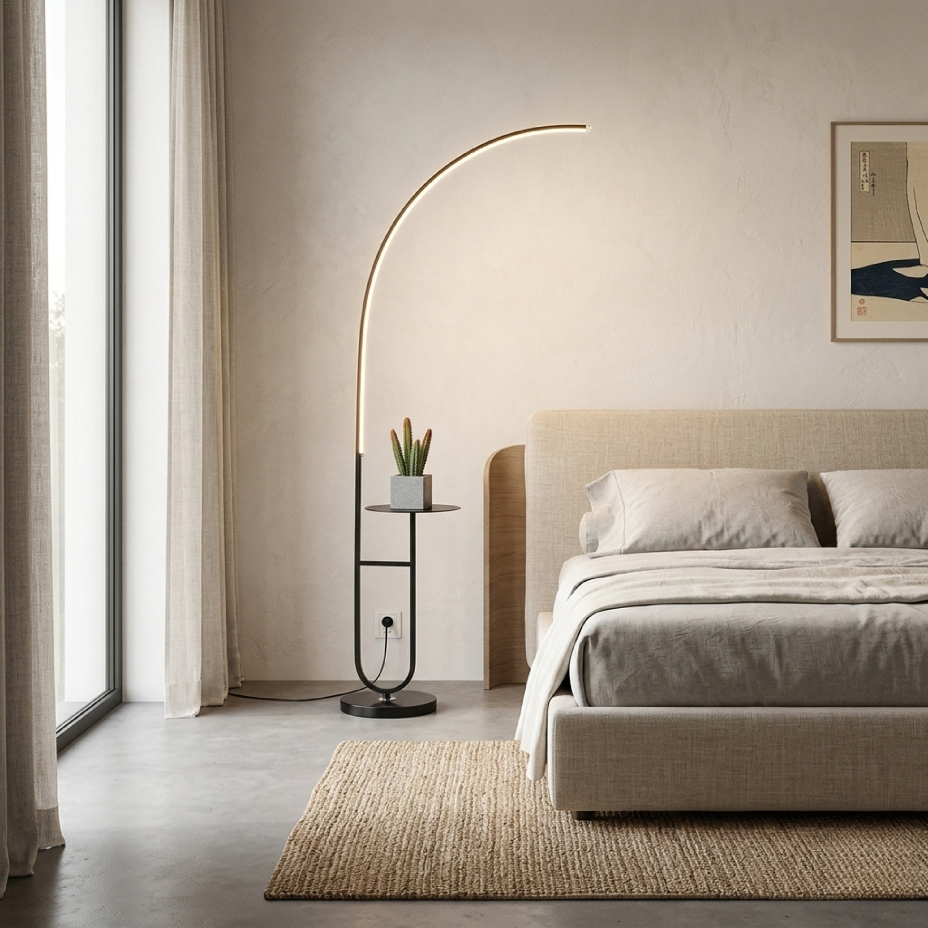 Black Arc Floor Lamp with Integrated Side Table and LED Light
