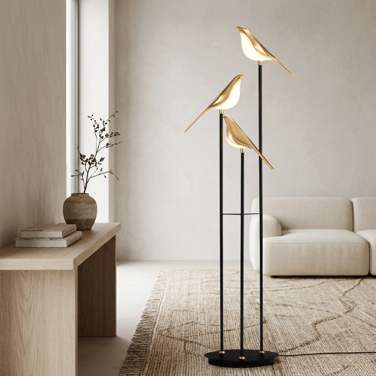 Black Metal Bird Floor Lamp with Three Gold Tone Illuminated Birds