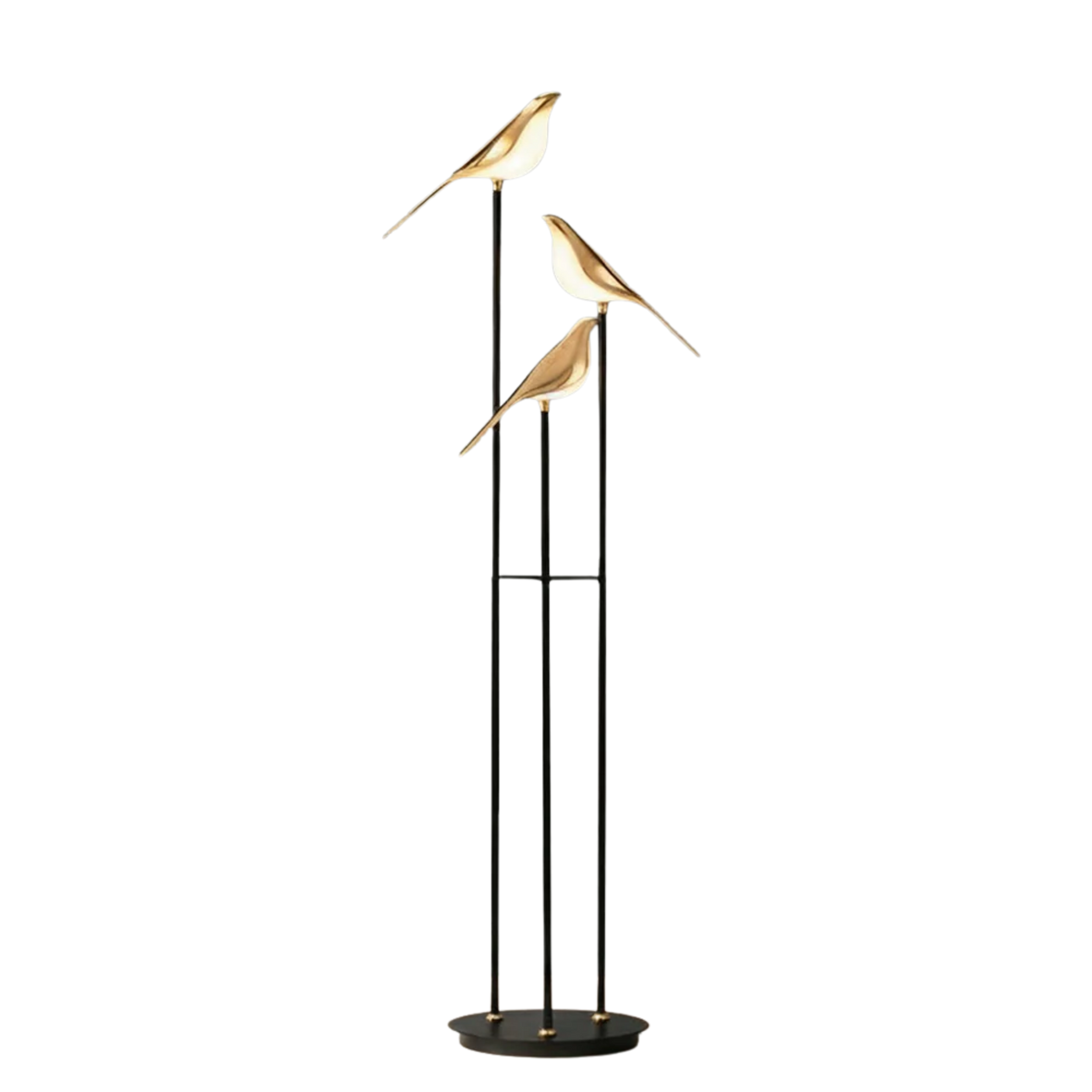 Black Metal Bird Floor Lamp with Three Gold Tone Illuminated Birds