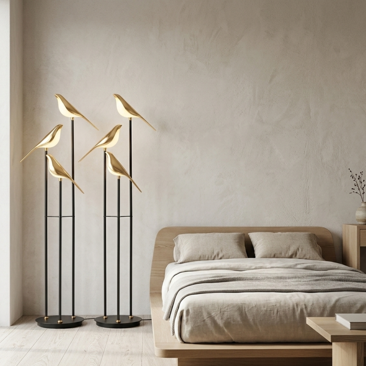Black Metal Bird Floor Lamp with Three Gold Tone Illuminated Birds