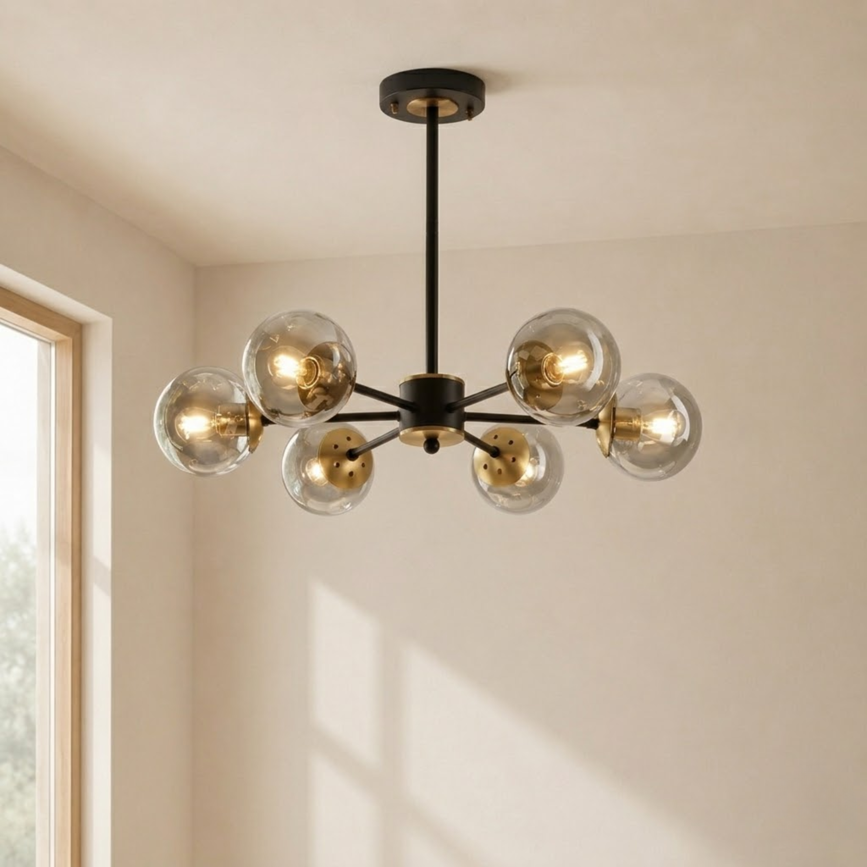 Black Mid Century Smoked Glass Globe Sputnik Chandelier