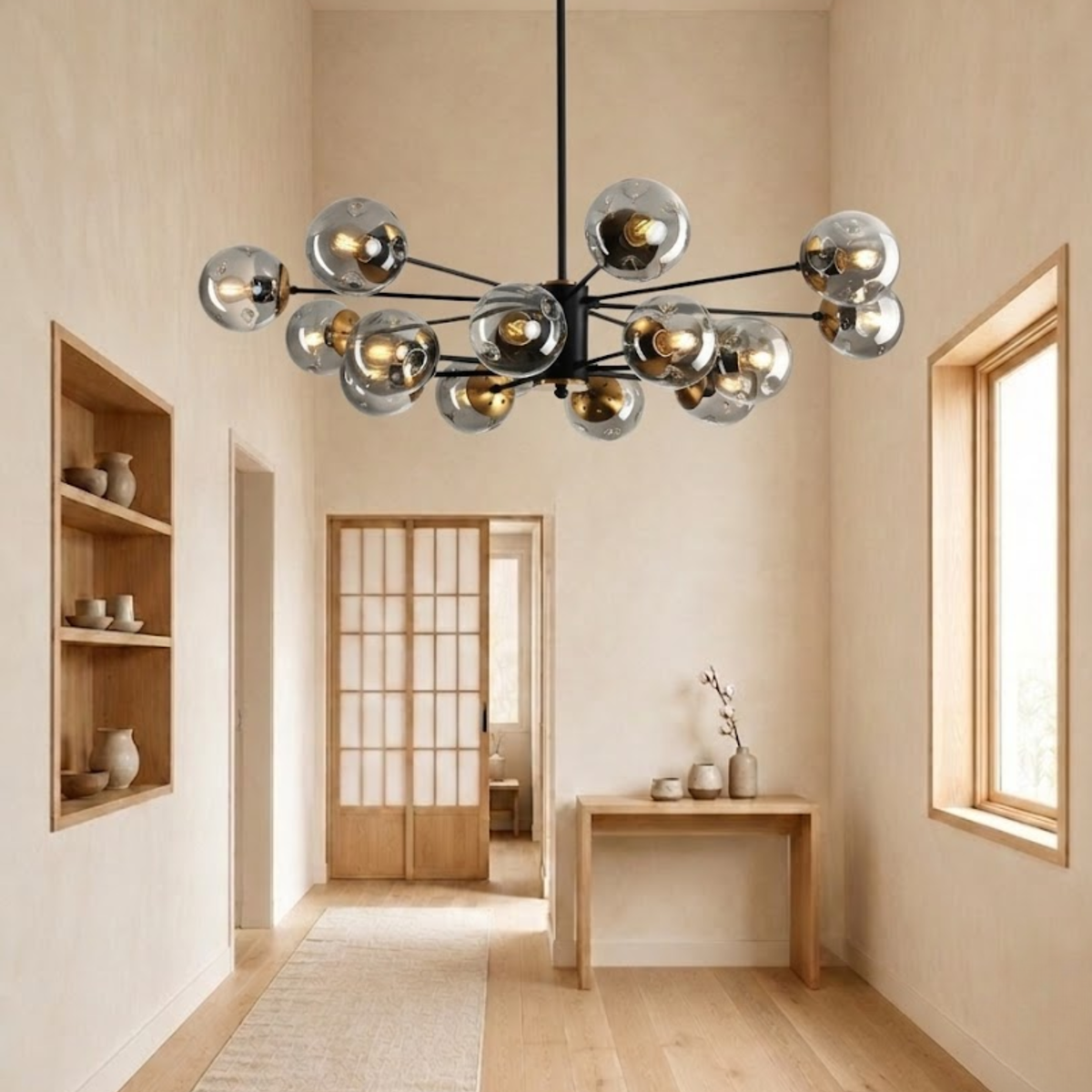 Black Mid Century Smoked Glass Globe Sputnik Chandelier