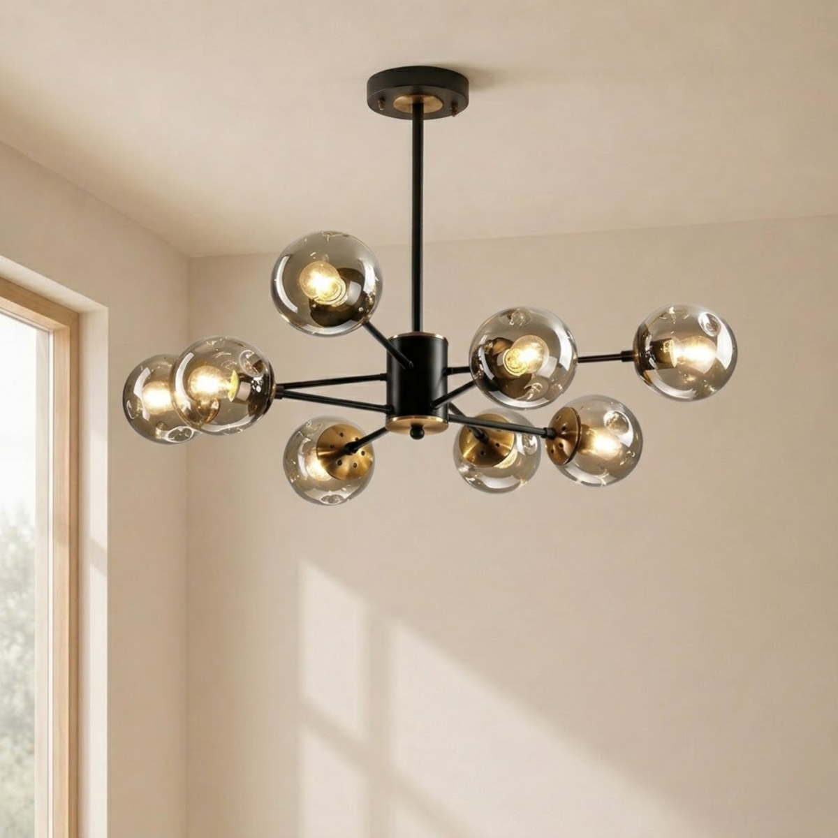Black Mid Century Smoked Glass Globe Sputnik Chandelier