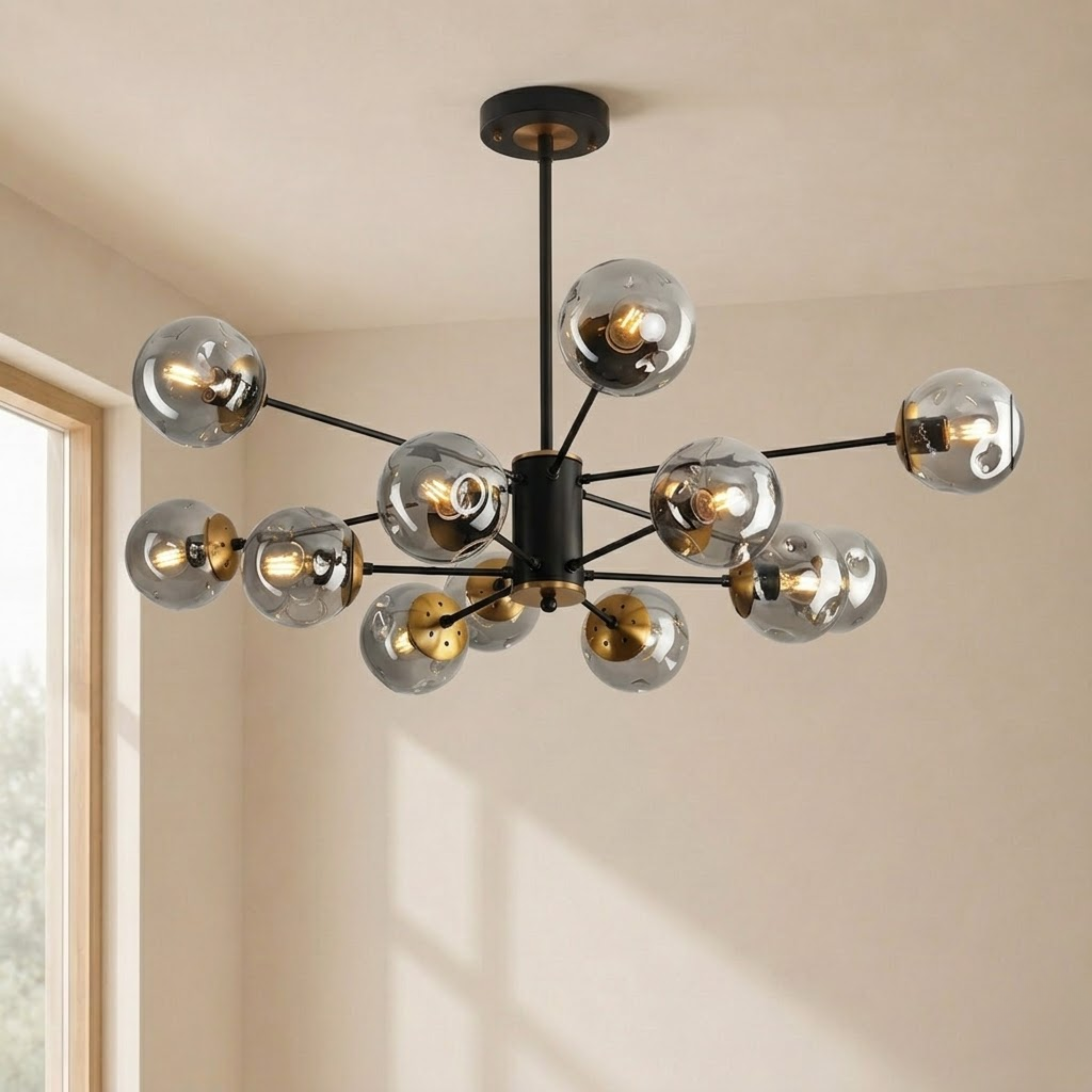 Black Mid Century Smoked Glass Globe Sputnik Chandelier