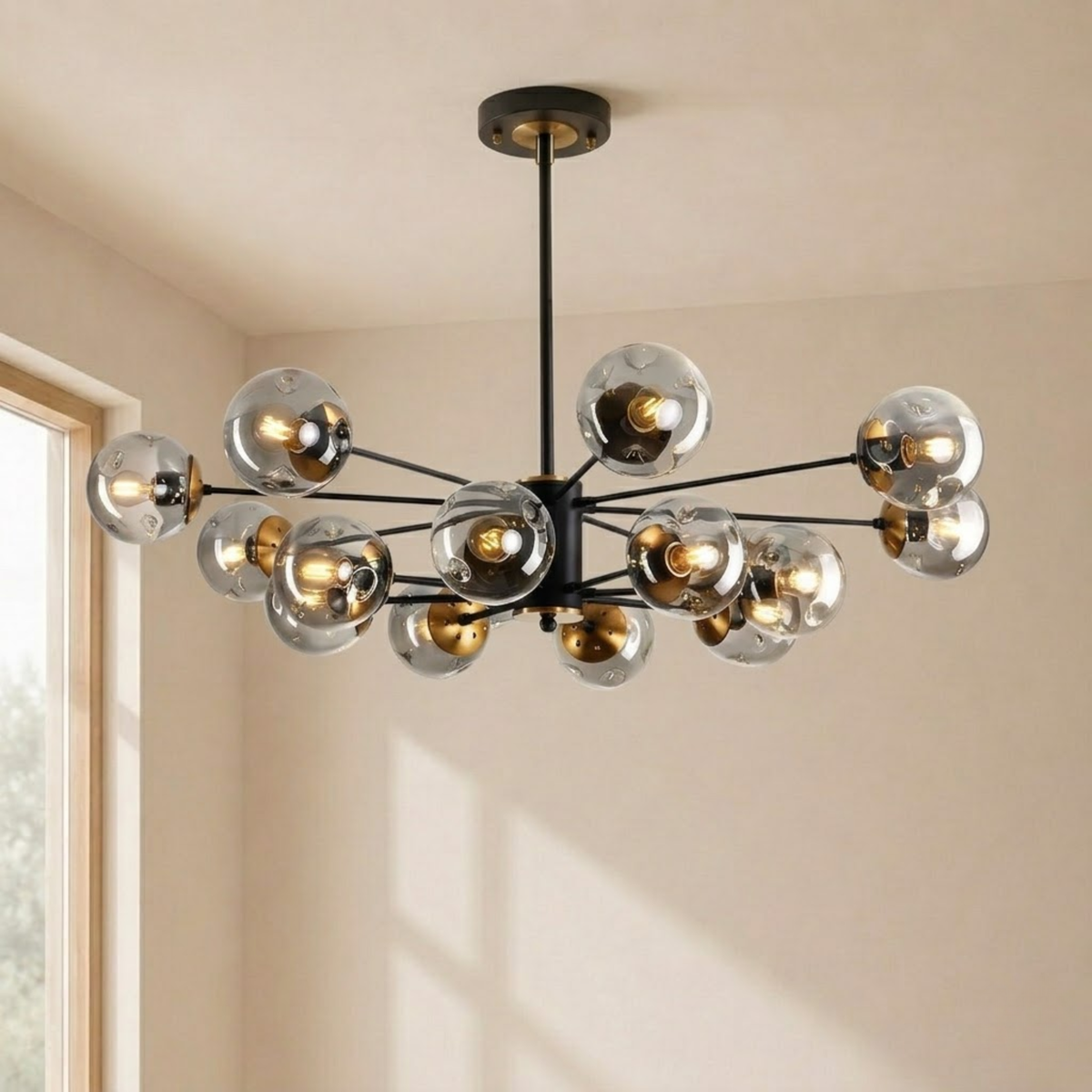 Black Mid Century Smoked Glass Globe Sputnik Chandelier