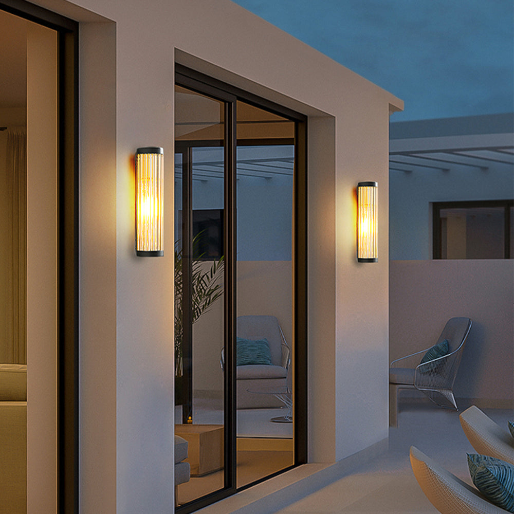 Black Ribbed Glass Semi Cylindrical Outdoor Wall Light Modern Garden Wall Lamp