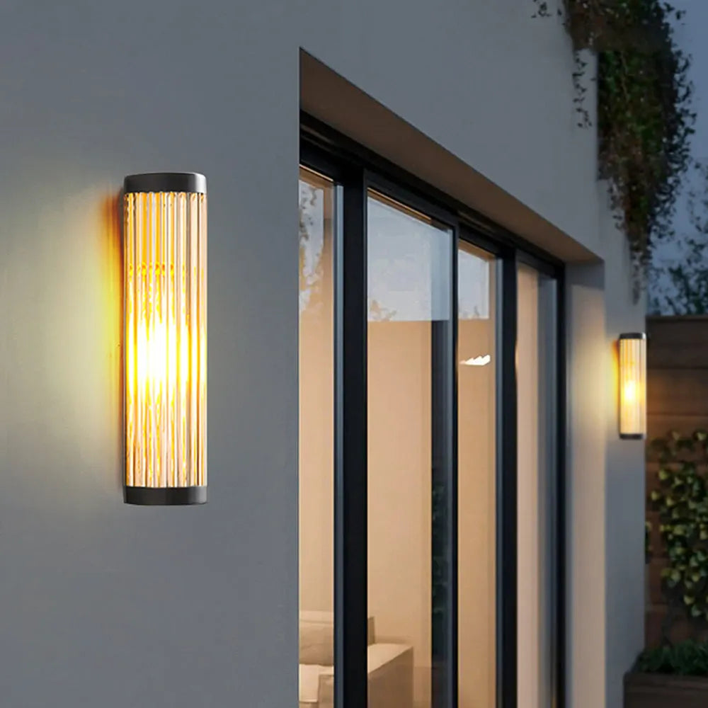 Black Ribbed Glass Semi Cylindrical Outdoor Wall Light Modern Garden Wall Lamp