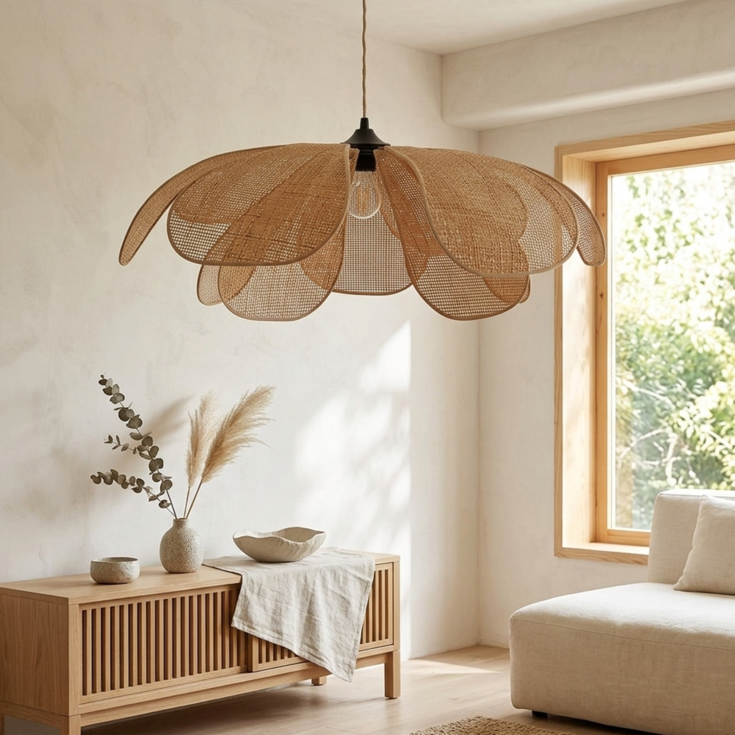 Boho Woven Rattan Flower Petal Pendant Light