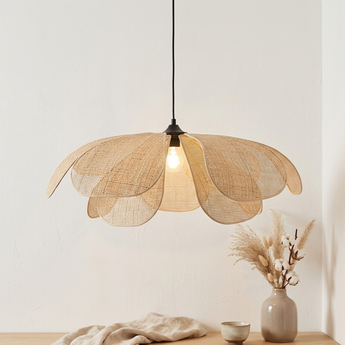 Boho Woven Rattan Flower Petal Pendant Light