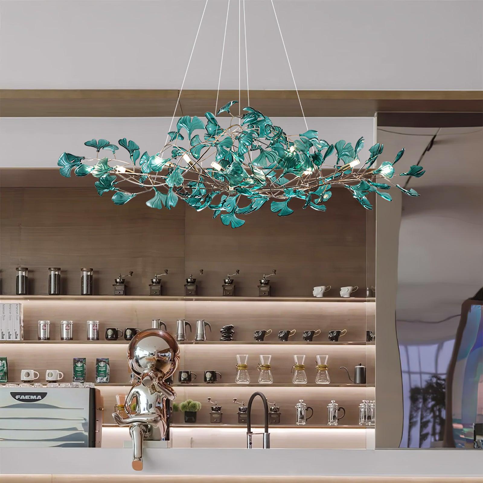 Botanical Ginkgo Leaf Branch Chandelier Acrylic Metal Frame Green Blue Coffee