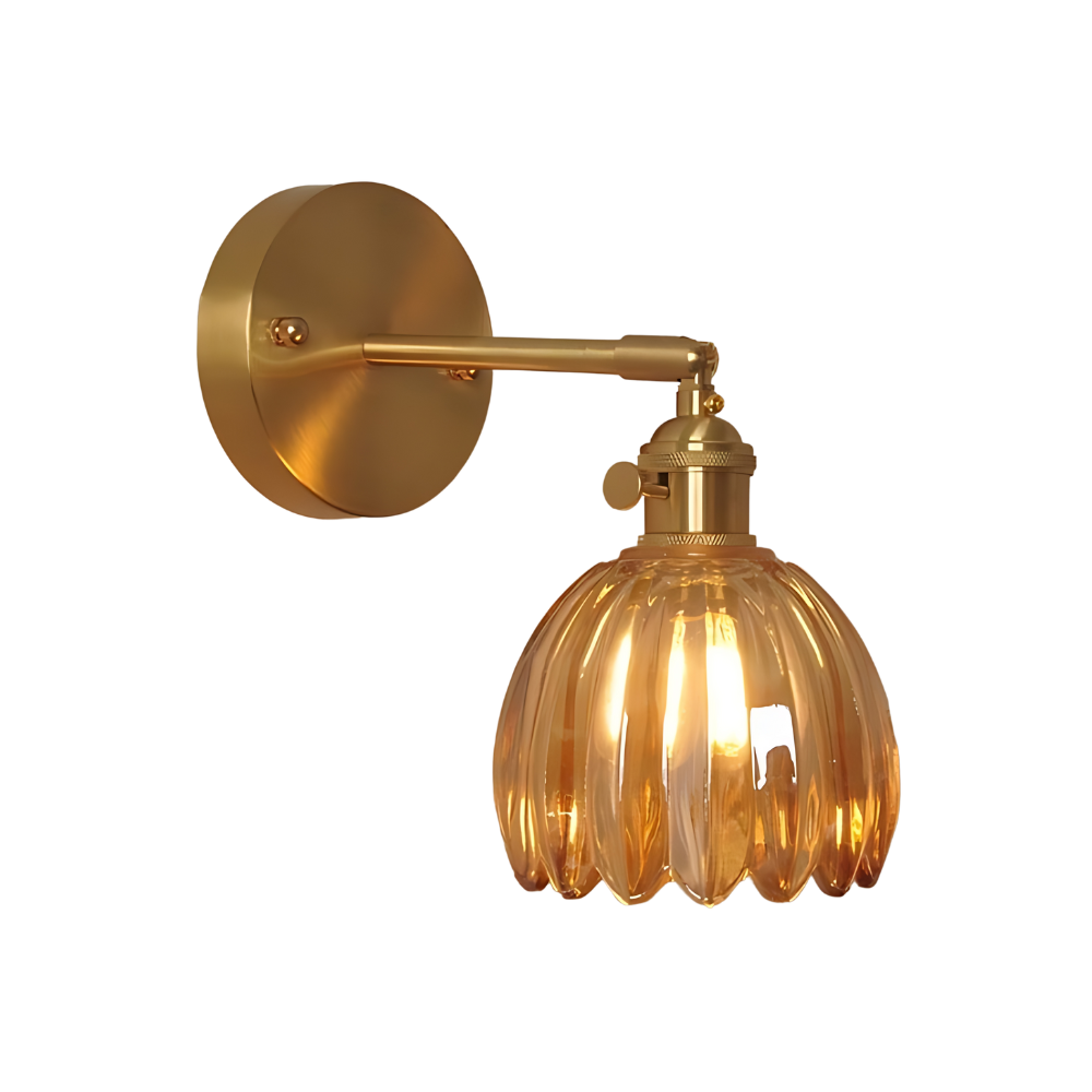 Brass Amber Scalloped Glass Tulip Wall Sconce Vintage Wall Light