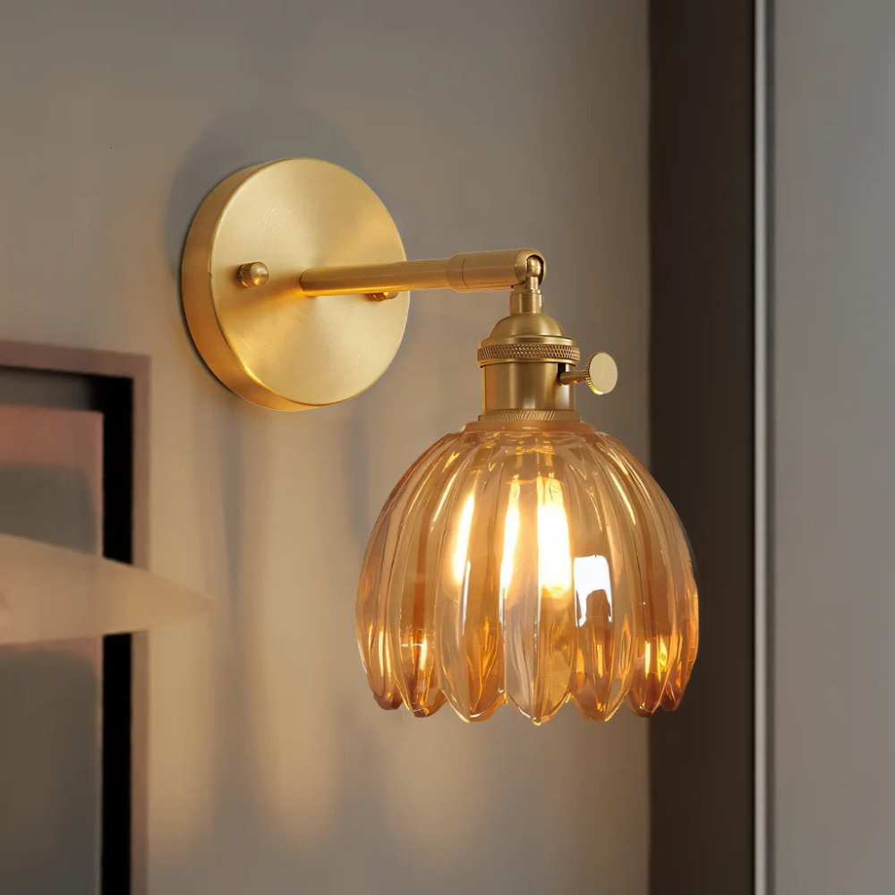 Brass Amber Scalloped Glass Tulip Wall Sconce Vintage Wall Light
