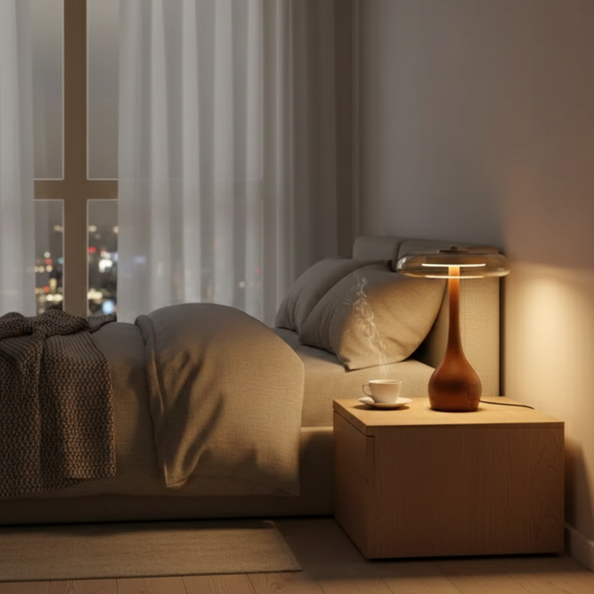 Brass And Ash Wood Glass Table Lamp Teardrop Base Bedside Lamp