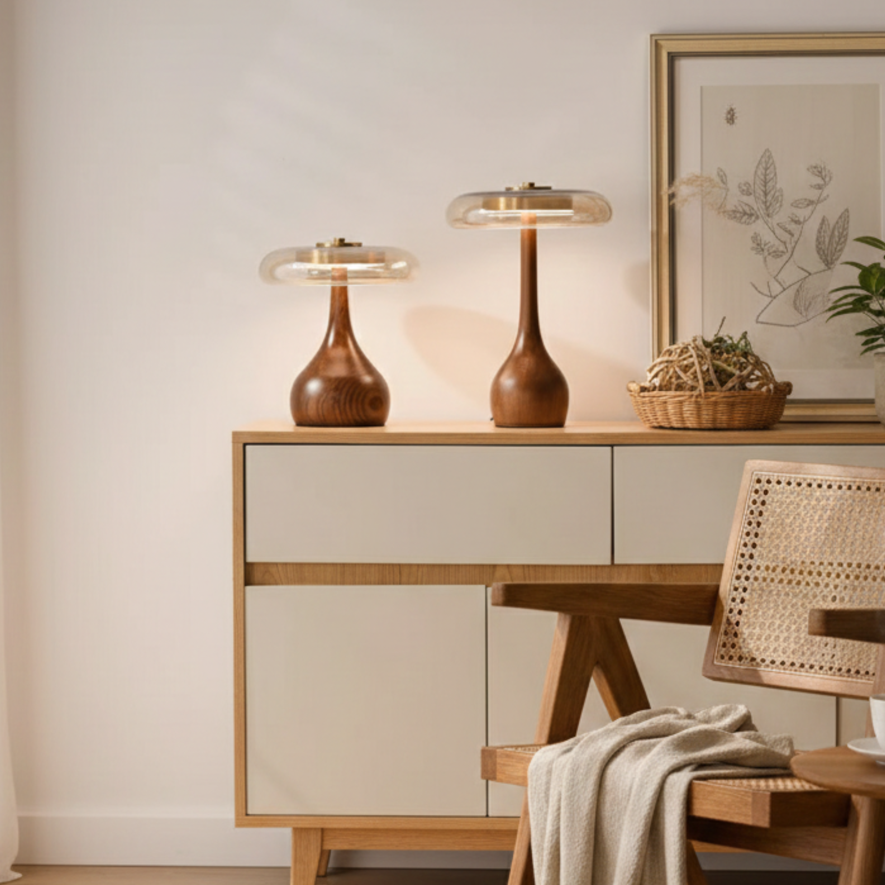 Brass And Ash Wood Glass Table Lamp Teardrop Base Bedside Lamp