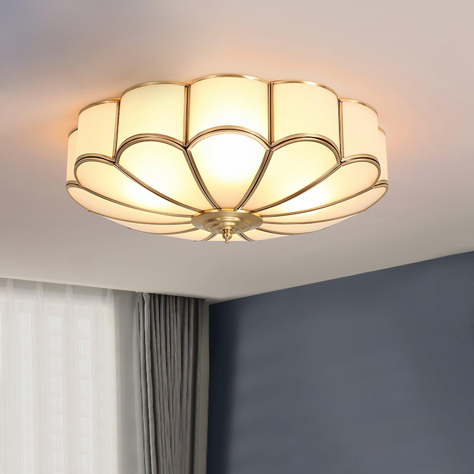 Brass Flower Shape Flush Mount Ceiling Light Frosted Glass Scalloped