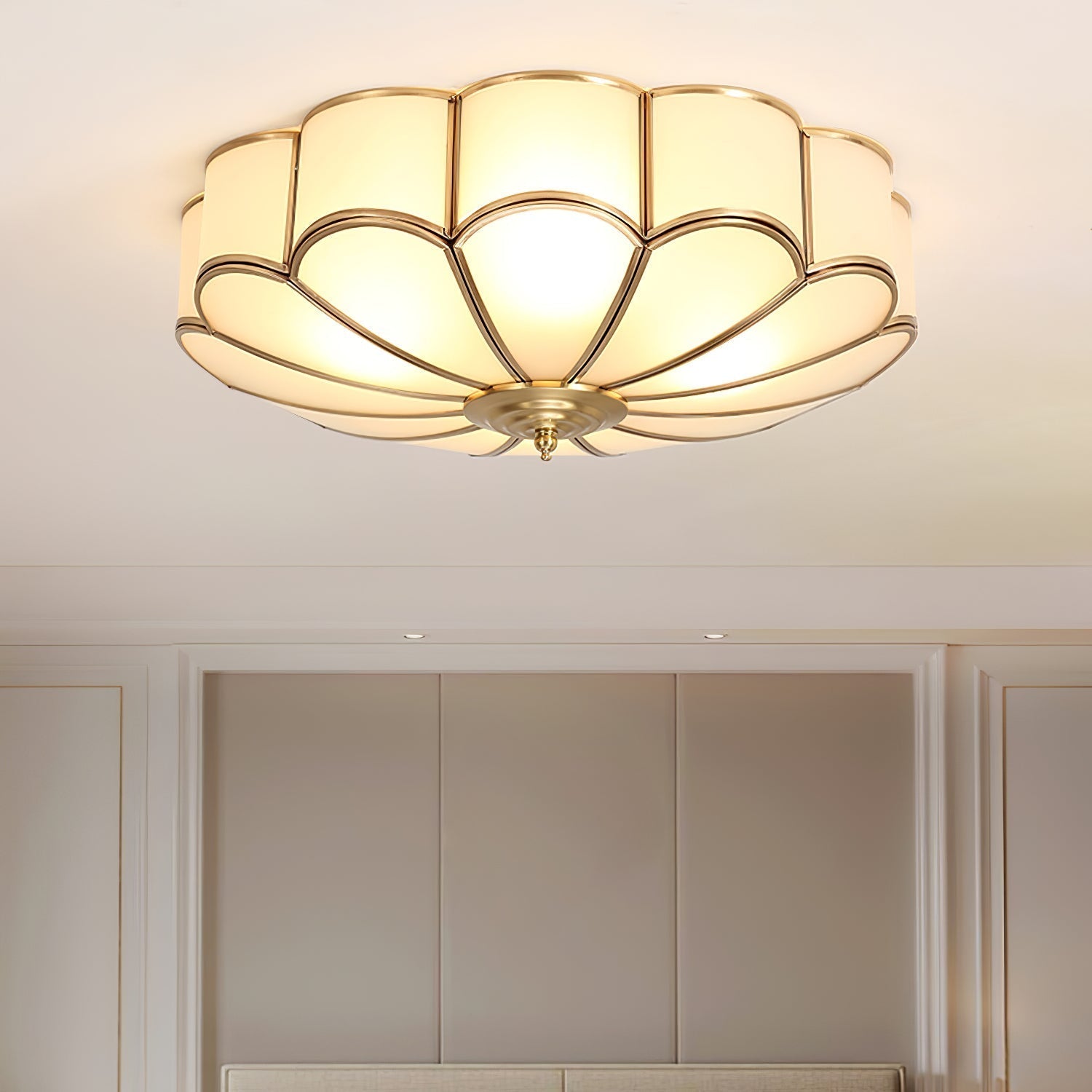 Brass Flower Shape Flush Mount Ceiling Light Frosted Glass Scalloped