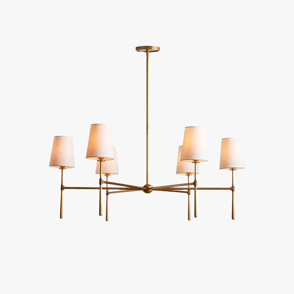 Brass Mid Century Chandelier Linen Shade Four Six Arm Ceiling Light