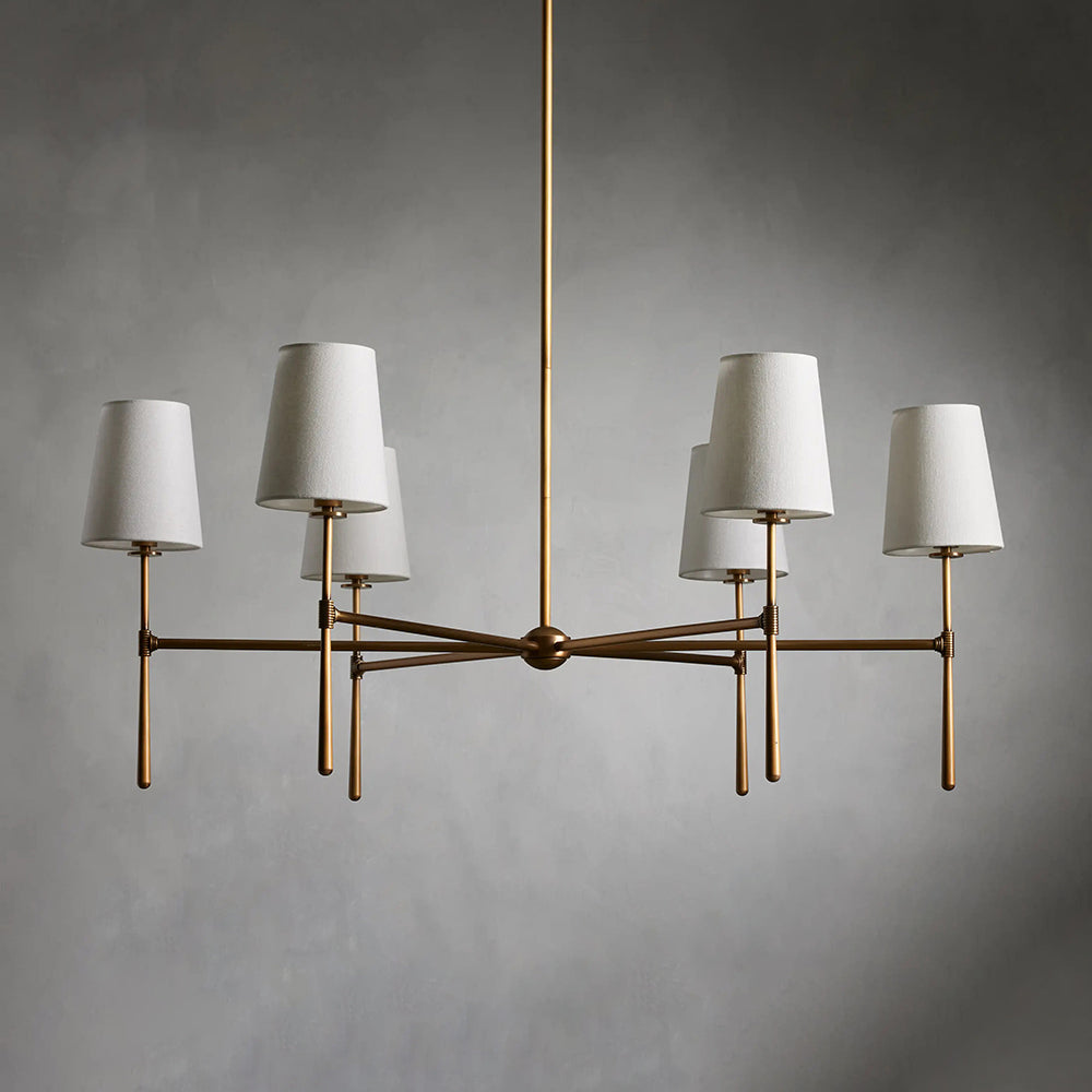 Brass Mid Century Chandelier Linen Shade Four Six Arm Ceiling Light
