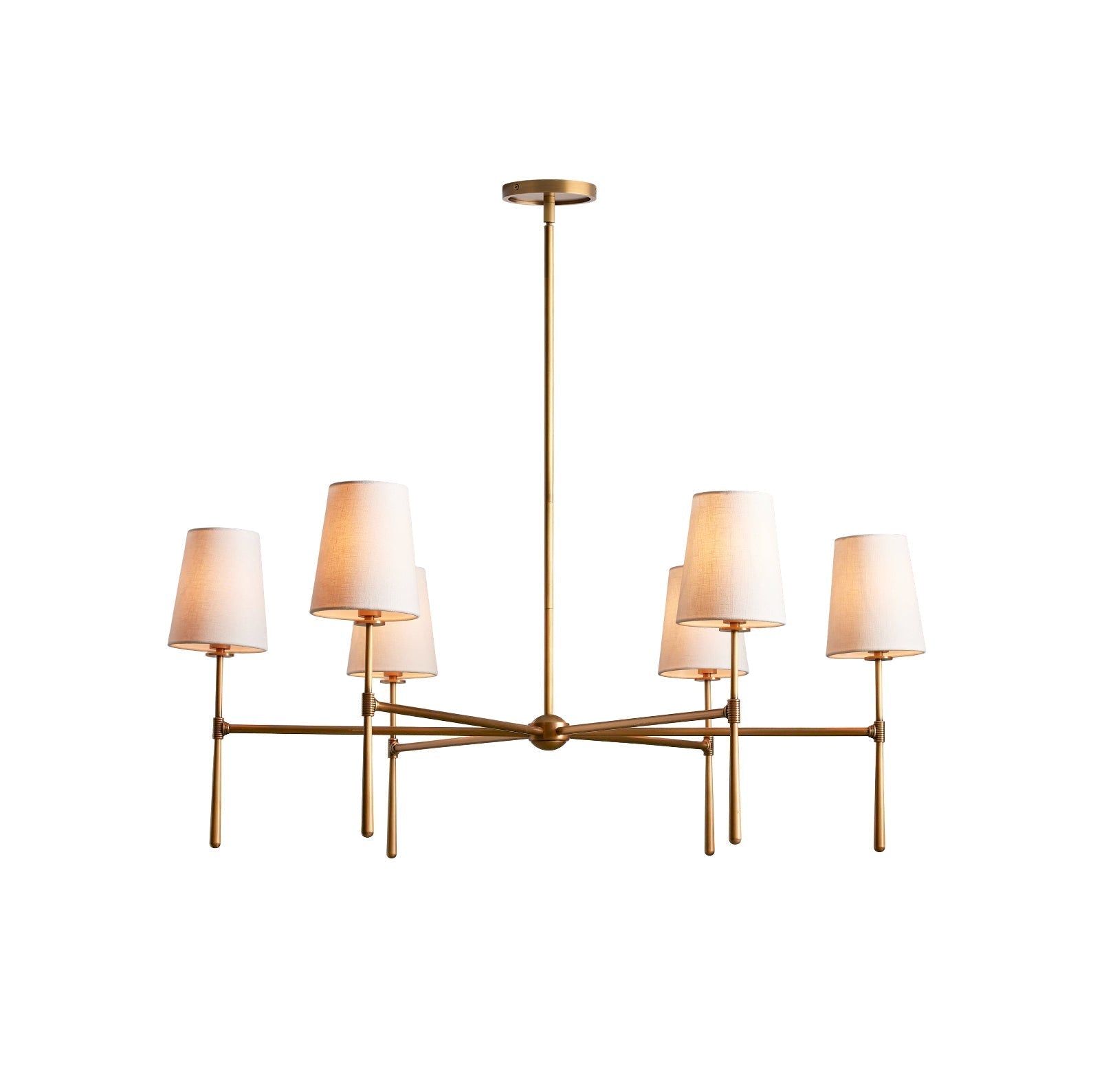 Brass Mid Century Chandelier Linen Shade Four Six Arm Ceiling Light