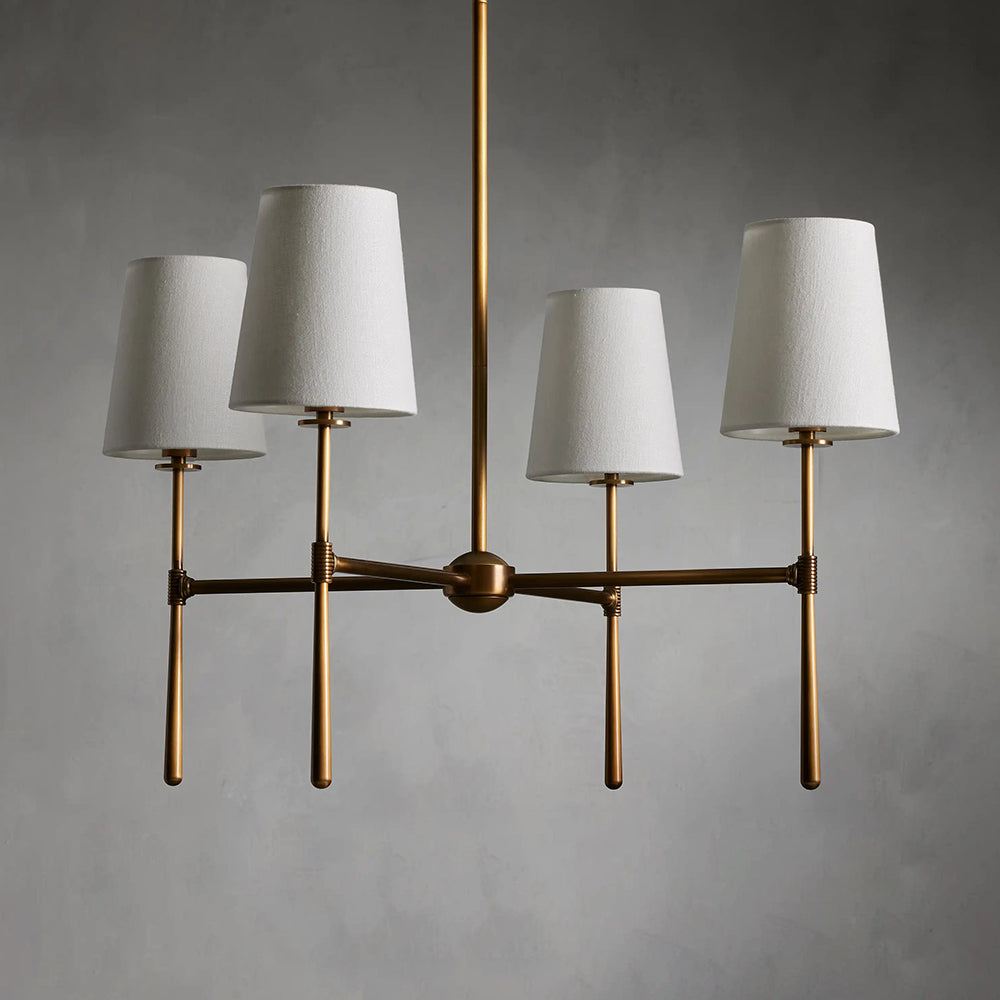 Brass Mid Century Chandelier Linen Shade Four Six Arm Ceiling Light