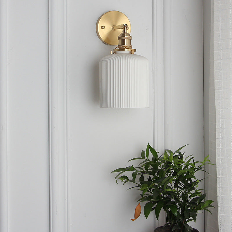 Brass Ribbed Shade Wall Light Japandi Hanging Bedside Wall Sconce
