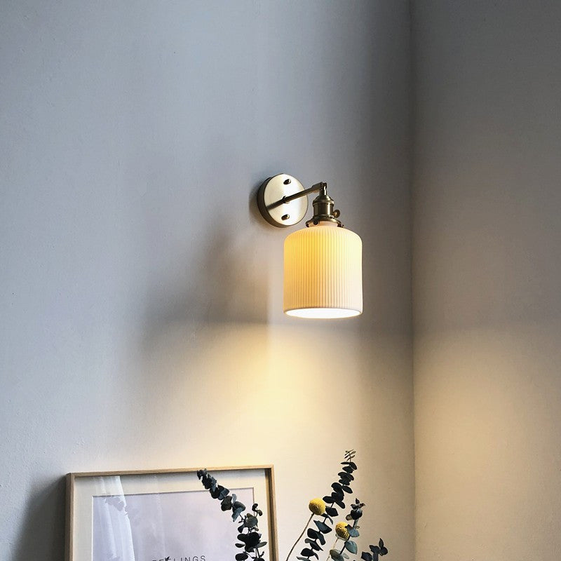Brass Ribbed Shade Wall Light Japandi Hanging Bedside Wall Sconce