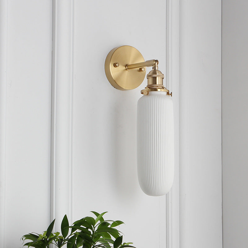 Brass Ribbed Shade Wall Light Japandi Hanging Bedside Wall Sconce
