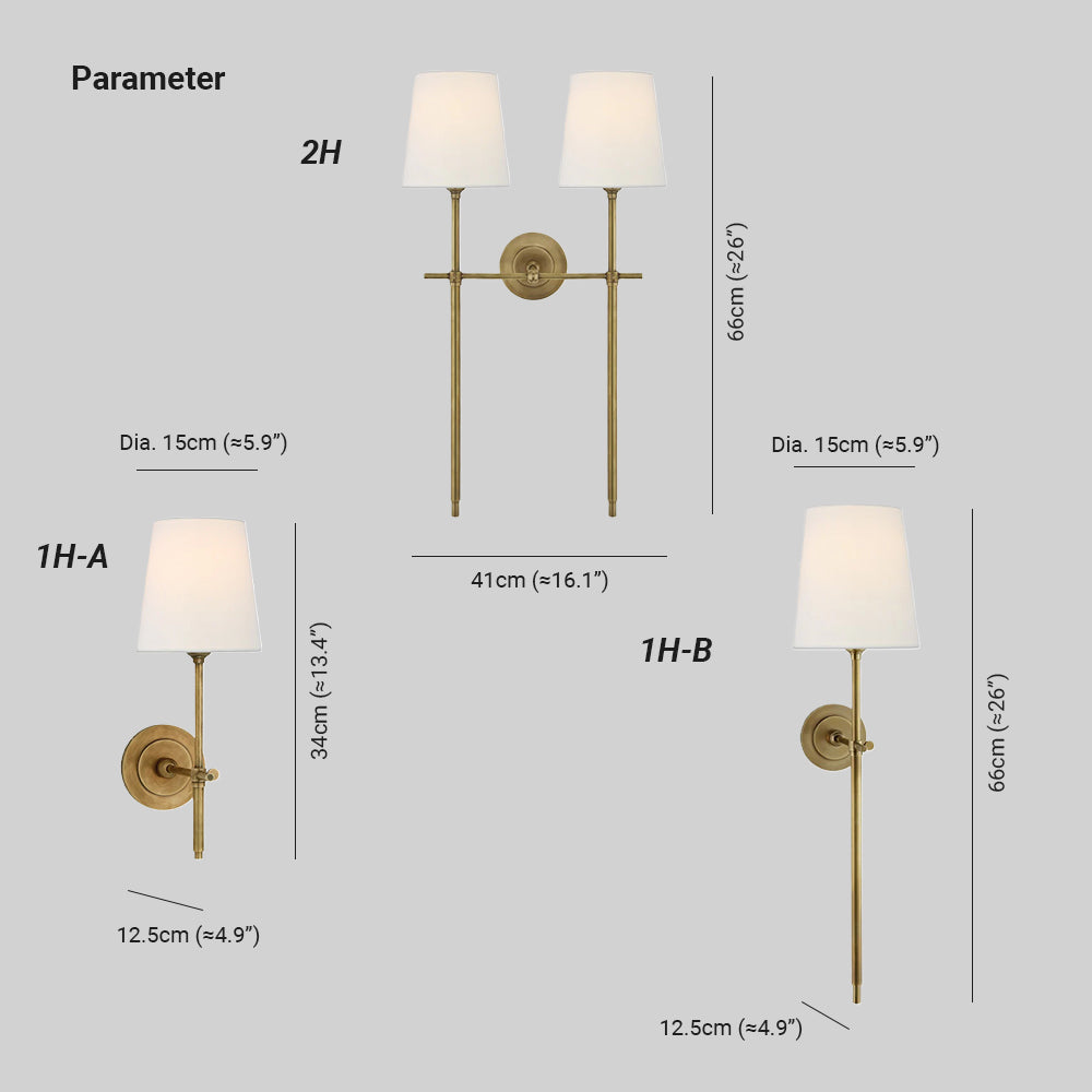 Brass Wall Light Tapered Fabric Shade Bedroom Wall Sconce