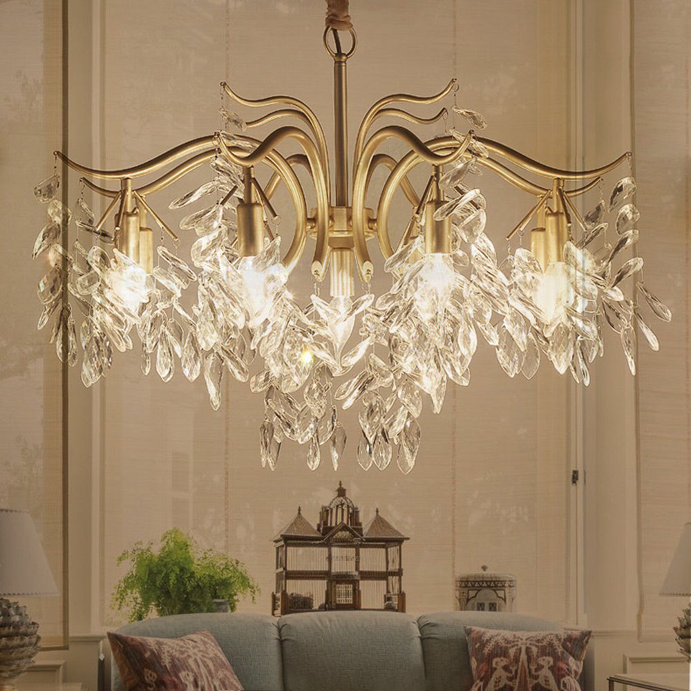 Cascading Crystal Branch Chandelier With Gold Frame
