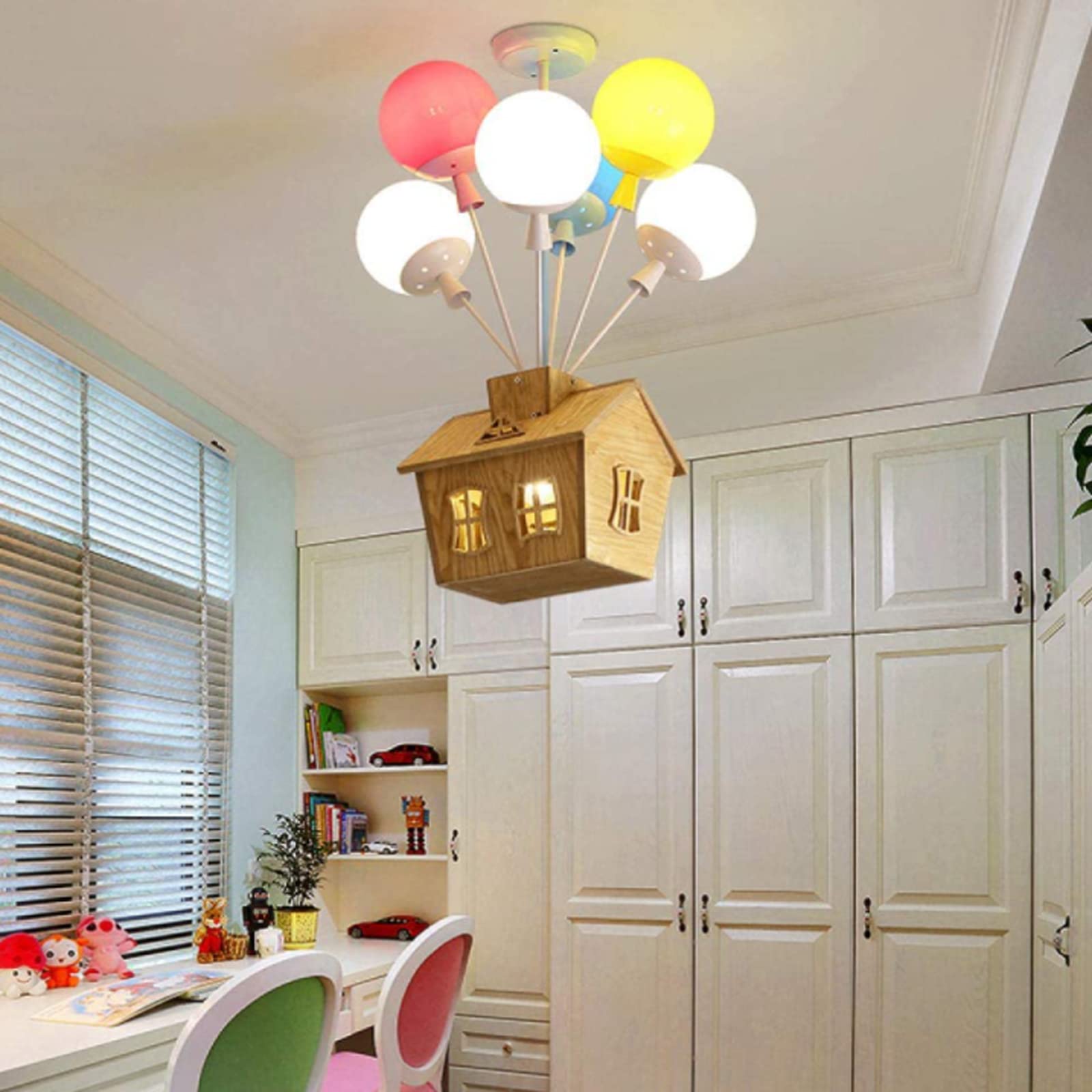 Colourful Balloon House Kids Flush Mount Ceiling Light In Wood And Acrylic