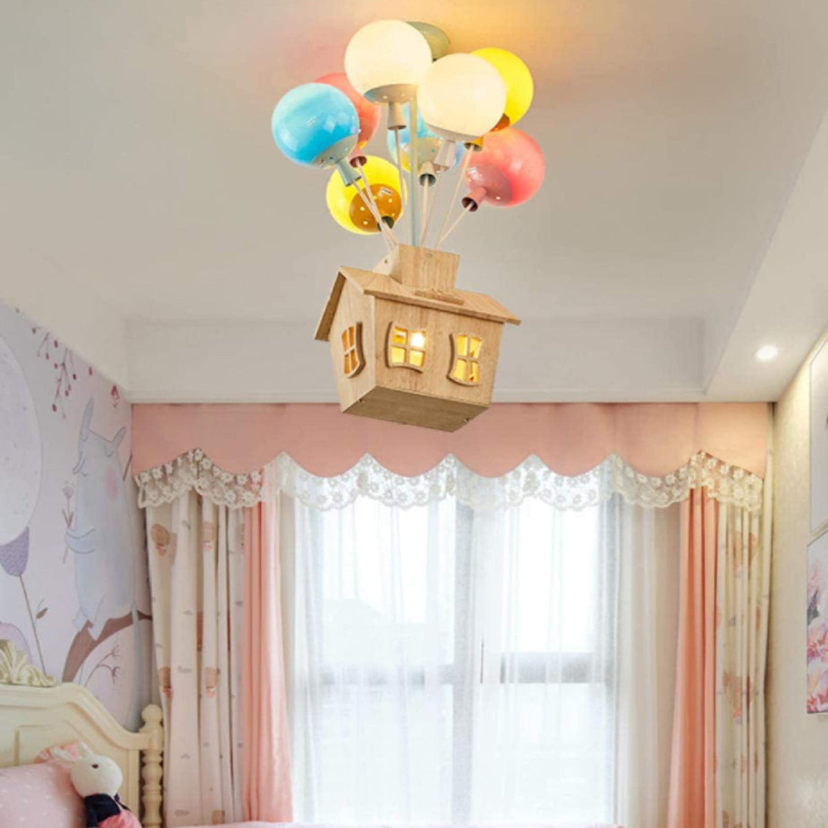 Colourful Balloon House Kids Flush Mount Ceiling Light In Wood And Acrylic
