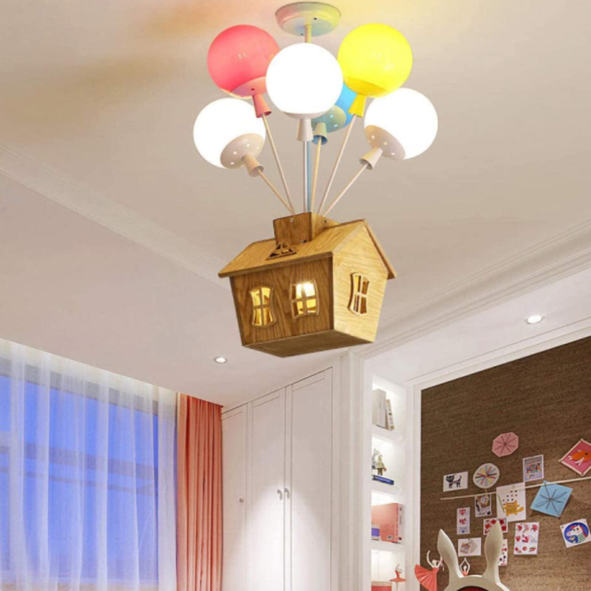 Colourful Balloon House Kids Flush Mount Ceiling Light In Wood And Acrylic