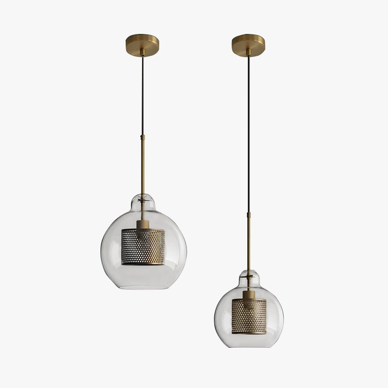 Contemporary Glass Globe Pendant Light With Metal Mesh Inner Shade In Gold Or Silver