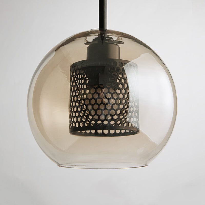 Contemporary Glass Globe Pendant Light With Metal Mesh Inner Shade In Gold Or Silver