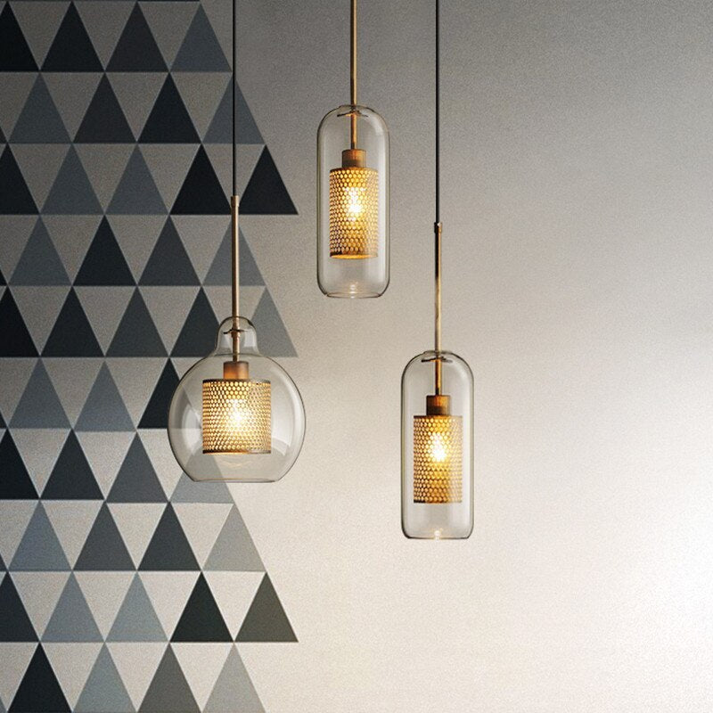 Contemporary Glass Globe Pendant Light With Metal Mesh Inner Shade In Gold Or Silver