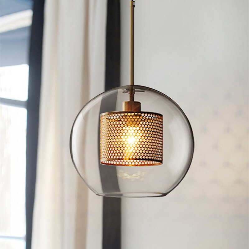 Contemporary Glass Globe Pendant Light With Metal Mesh Inner Shade In Gold Or Silver