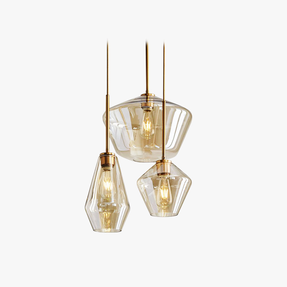 Faceted Diamond Shape Glass Pendant Light Amber And Clear Metal Cord