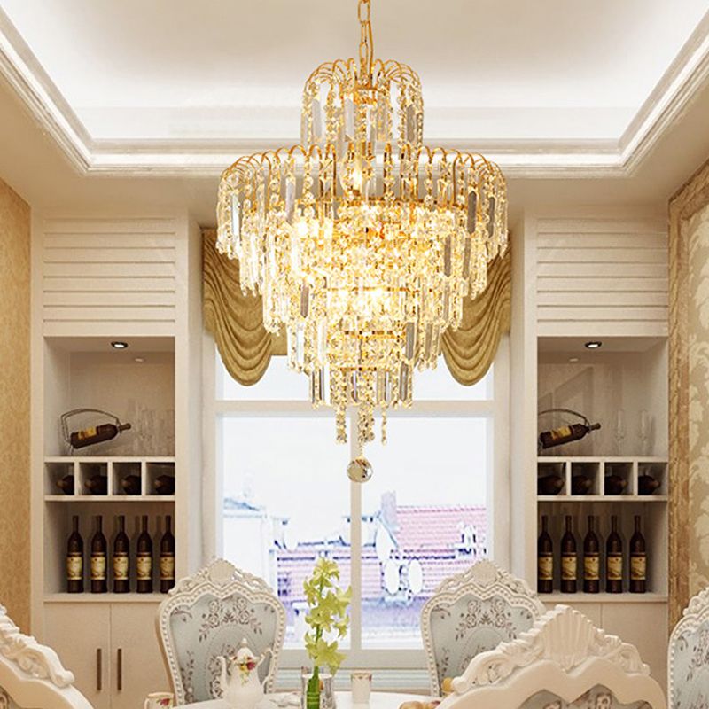 Five Layer Tiered Crystal Chandelier Gold Finish Dining Room Ceiling Light
