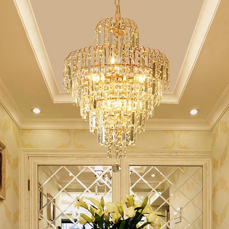 Five Layer Tiered Crystal Chandelier Gold Finish Dining Room Ceiling Light