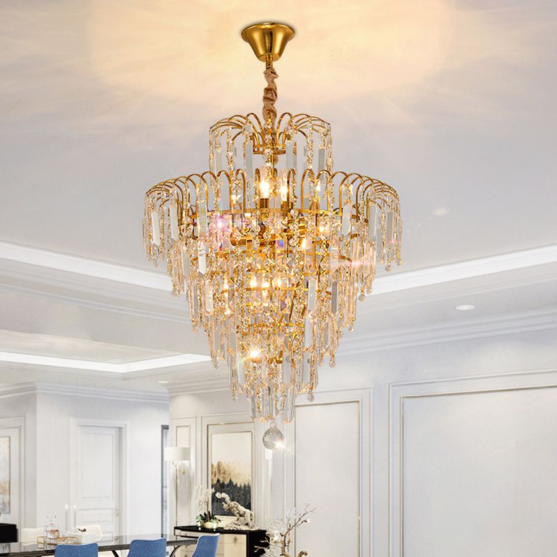 Five Layer Tiered Crystal Chandelier Gold Finish Dining Room Ceiling Light