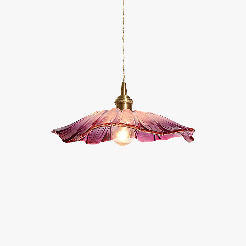 Flower Petal Glass Pendant Light Scalloped Shade Brass Pink Vintage