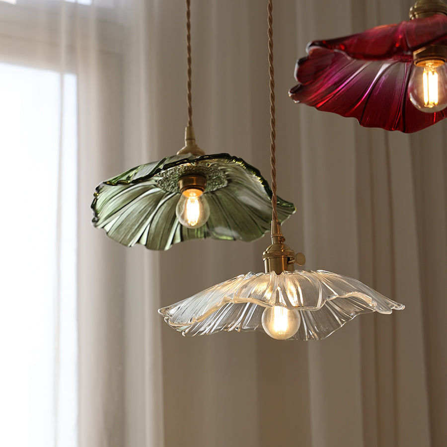 Flower Petal Glass Pendant Light Scalloped Shade Brass Pink Vintage